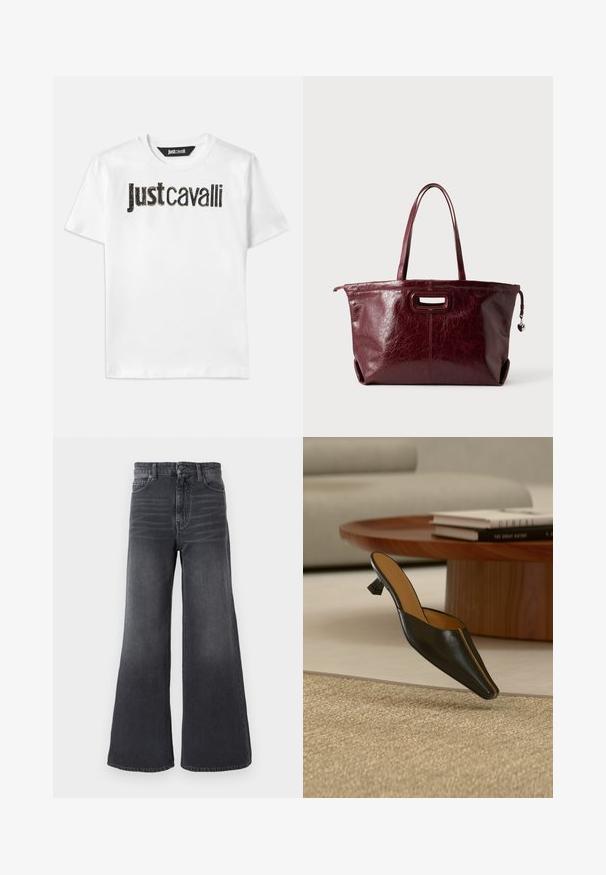 Camiseta de algodón blanca con el texto "Just Cavalli" en negro y un acabado texturizado. Cuello redondo clásico y mangas cortas.; Vaqueros de mezclilla gris oscuro de pierna ancha con cintura de altura media, diseño de cinco bolsillos y textura desgastada con sutiles detalles de arrugas.; Mula de piel negra con un tacón geométrico bajo sobre una alfombra beige, cerca de una mesa de café redonda de madera con libros apilados.; Bolso tote de cuero rojo oscuro con asas largas, agarre rectangular recortado y adorno en forma de corazón en el tirador de la cremallera.