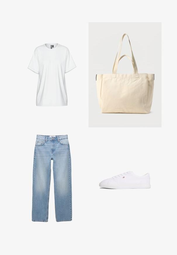 Witte katoenen T-shirt met een ronde hals, korte mouwen en een losse pasvorm. Voorzien van subtiele stikdetails en een label bij de kraag.; Lichtblauwe denim jeans met een recht model, vijf zakken en zichtbare stiksels. De stof heeft een zachte, iets vervaagde textuur.; Witte lage sneaker met vetersluiting en een klein rood-wit-blauw logo aan de zijkant, platte rubberen zool.; Beige canvas draagtas met twee handvatten, eenvoudig ontwerp, en subtiele ingebosseleerde "SAMSOE SAMSOE" branding aan de voorkant.