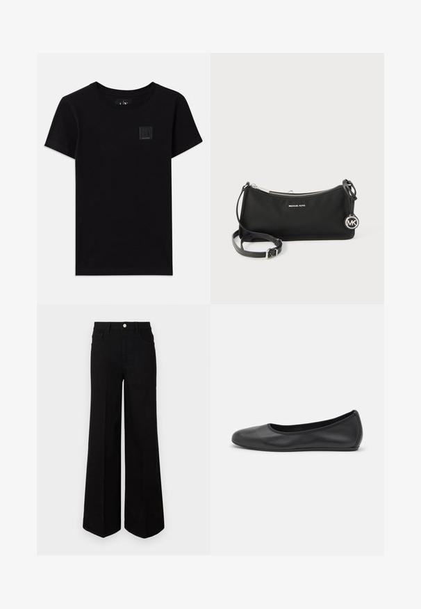 T-shirt en coton noir avec un col rond et des manches courtes. Présente une petite étiquette logo rectangulaire à l'avant.; Jean large noir fabriqué dans un tissu robuste, avec une taille haute, des poches avant et une fermeture à bouton à l'avant. Ourlet plat en bas.; Ballerines en cuir noir avec un bout rond, texture lisse, détails de couture minimalistes et design de semelle flexible.; Sac bandoulière noir Michael Kors avec fermeture éclair argentée, sangle réglable et pendentif rond avec le logo MK sur fond blanc.
