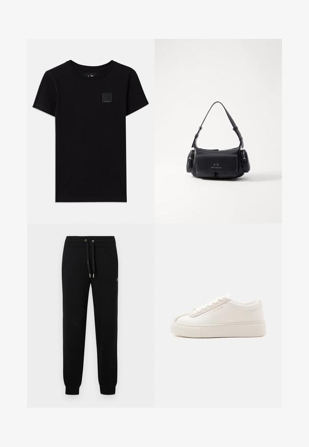 Camiseta de algodón negra con cuello redondo y mangas cortas. Presenta una pequeña etiqueta rectangular con el logotipo en la parte delantera.; Pantalones jogger negros con cintura elástica y cordón, puños acanalados y sutil detalle del logo en la pierna lateral.; Zapatilla blanca de perfil bajo con suela gruesa, cordones en la parte delantera y sutil marca Armani Exchange en el lateral y en la suela, mostrada sobre un fondo liso.; Bolso de mano de cuero negro con una sola correa para el hombro, cuenta con un bolsillo con solapa en la parte frontal y compartimentos con cremallera a los lados. Textura suave con detalle del logotipo.