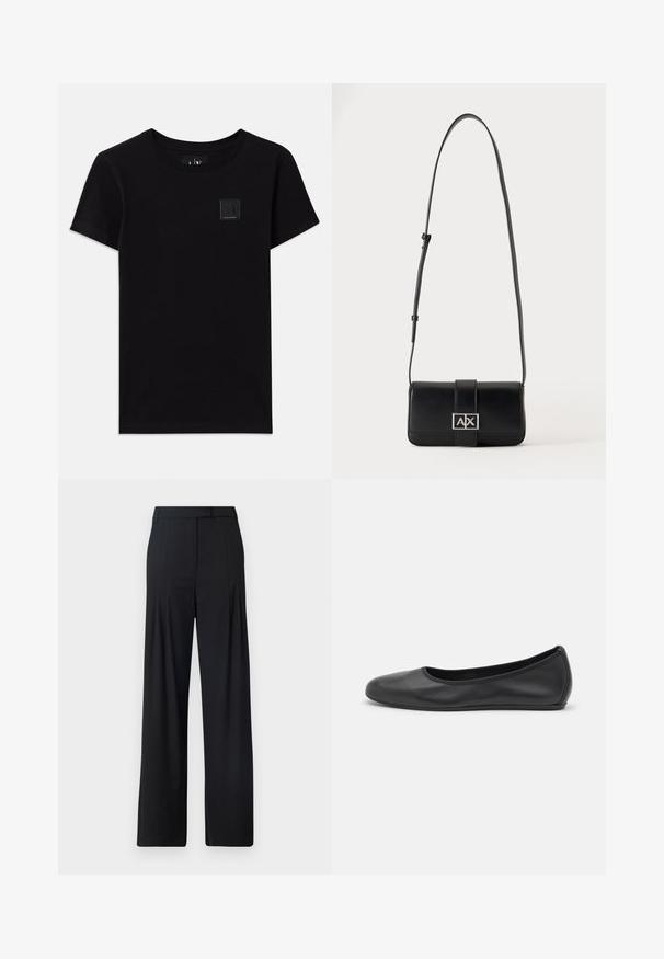 Camiseta de algodón negra con cuello redondo y mangas cortas. Presenta una pequeña etiqueta rectangular con el logotipo en la parte delantera.; Pantalones de pierna ancha negros con frente plano, pliegues y cinturilla ajustada. Fabricados con una tela suave y ligera.; Bailarina de piel negra con punta redondeada, textura suave, detalle de costura minimalista y diseño de suela flexible.; Bolso de hombro de cuero negro con correa ajustable y cierre rectangular plateado con las letras A y X sobre un fondo liso.