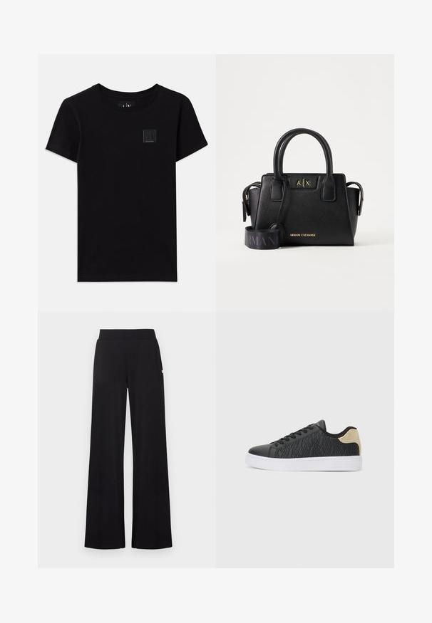 Camiseta de algodón negra con cuello redondo y mangas cortas. Presenta una pequeña etiqueta rectangular con el logotipo en la parte delantera.; Pantalones negros de pierna ancha con una cintura ajustada, hechos de una tela suave. Cuentan con discretos bolsillos laterales y detalles mínimos de herrajes.; Zapatilla negra con parte superior texturizada que presenta patrones geométricos, media suela blanca y un acento dorado en el talón. Diseño de cordones. Suela plana.; Bolso negro Armani Exchange con asas dobles, logotipo de la marca dorado en el frente y una correa de hombro ancha, negra y ajustable con texto Armani.