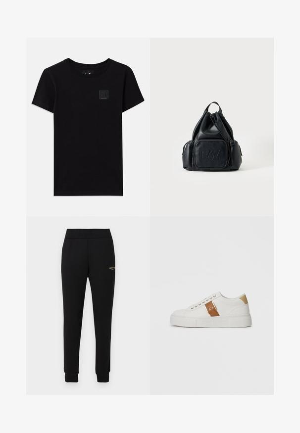 T-shirt en coton noir avec un col rond et des manches courtes. Présente une petite étiquette logo rectangulaire à l'avant.; Pantalon de survêtement noir fuselé avec taille et poignets élastiques, présentant un petit logo doré "Armani Exchange" sur la cuisse droite.; Baskets blanches basses avec un patch de talon beige, une sangle en cuir marron équipée d'une boucle dorée et du logo A|X, et une semelle en relief Armani Exchange.; Sac à dos en cuir noir avec cordon, poches zippées à l'avant et sur le côté, avec logo "EA7 Emporio Armani" embossé sur la poche avant.
