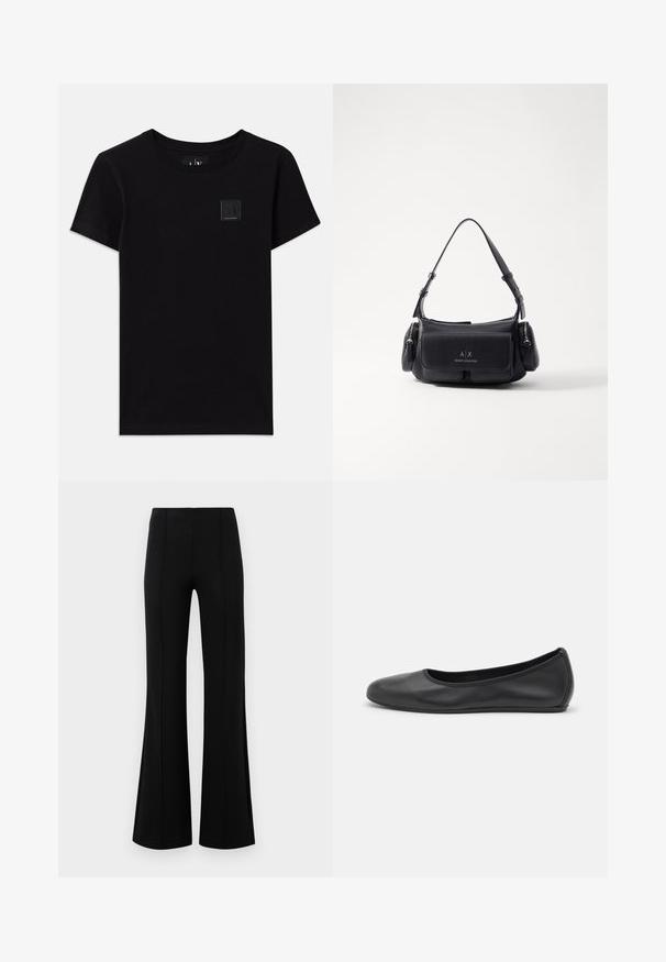 Camiseta de algodón negra con cuello redondo y mangas cortas. Presenta una pequeña etiqueta rectangular con el logotipo en la parte delantera.; Pantalones acampanados negros de cintura alta, fabricados en tejido elástico. Presentan detalles de costura vertical en la parte delantera y una textura suave.; Bailarina de piel negra con punta redondeada, textura suave, detalle de costura minimalista y diseño de suela flexible.; Bolso de mano de cuero negro con una sola correa para el hombro, cuenta con un bolsillo con solapa en la parte frontal y compartimentos con cremallera a los lados. Textura suave con detalle del logotipo.
