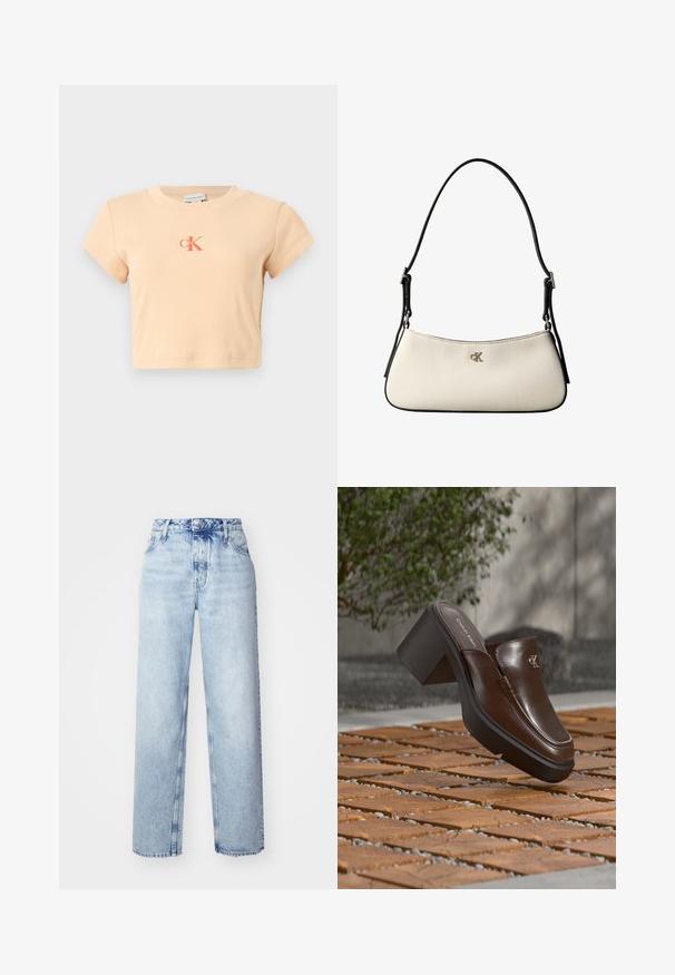 Licht perzikkleurig cropped t-shirt met korte mouwen, gemaakt van ribbed katoen, met een centraal logo in donkeroranje en minimale stikdetails.; Lichtblauwe high-waisted jeans met een losse pasvorm, met rechte pijpen, vijf zakken en een klassieke knoop- en ritssluiting.; Bruine leren Calvin Klein mule met hak die boven houten tegelvloer zweeft met een vervaagde groene plant en muur op de achtergrond.; Kleine schoudertas in crème met zwarte afwerking, verstelbare zwarte band en zilveren "cK"-logo in het midden aan de voorkant.