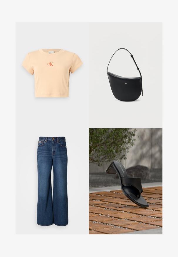 Svetloružový krátky crop top s krátkymi rukávmi vyrobený z rebrovanej bavlny, s centrálnym logom v tmavšej oranžovej farbe a minimálnymi detailmi šitia.; Džíny s širokými nohavicami vyrobené z tmavomodrého denim. Vlastnosti zahŕňajú vysoký pás, päť vreciek a kontrastné oranžové švy pozdĺž švov.; Čierna sandála Calvin Klein na podpätku s prstovou slučkou na drevenej dlažbe vonku pri strome a kamennom múre.; Čierna kožená kabelka cez rameno v tvare polmesiaca s nastaviteľným popruhom a zlatým logom "BOSS" v strede na prednej strane.
