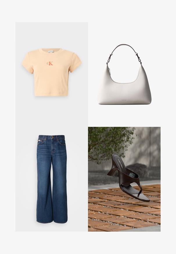 Licht perzikkleurig cropped t-shirt met korte mouwen, gemaakt van ribbed katoen, met een centraal logo in donkeroranje en minimale stikdetails.; Wijdvallende jeans van donkerblauwe denim. Kenmerken zijn een hoge taille, vijf zakken en contrasterende oranje stiksels langs de naden.; Bruine Calvin Klein teenslipper met hak, hangend boven houten tegels en grind op een buitenvloer met een vage achtergrond van groen en stenen.; Romige Calvin Klein leren schoudertas met gebogen bovenrand, zilveren rits en donkerbruine verstelbare riem.
