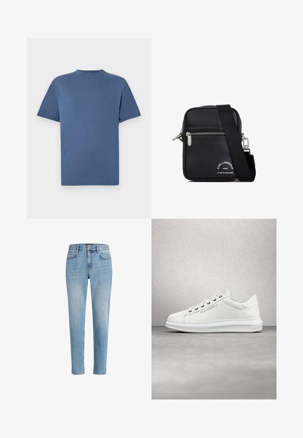 Blaues T-Shirt mit kurzen Ärmeln und Rundhalsausschnitt, schlichtes, einfarbiges Design, flach auf weißem Hintergrund dargestellt.; Hellblaue Denim-Jeans mit einem lässigen Schnitt, Fünf-Taschen-Design und dezenten Abnutzungserscheinungen. Mit einem Markenpatch nahe der Taille.; Weiße Leder Sneaker mit runder Spitze, glatter Textur, ausgestattet mit off-white Schnürsenkeln, silbernen Ösen und geprägtem Logo an der Seite.; Schwarze Leder-Umhängetasche mit silbernem Zubehör, einem Reißverschlussfach, einer strukturierten Oberfläche und auffälliger weißer Markenbeschriftung auf der Vorderseite.