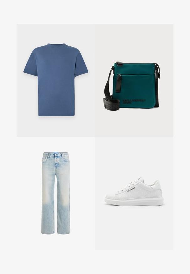 Blaues T-Shirt mit kurzen Ärmeln und Rundhalsausschnitt, schlichtes, einfarbiges Design, flach auf weißem Hintergrund dargestellt.; Hellblaue Jeans mit geradem Bein, verwaschenem Look, Vorderknopf- und Reißverschluss sowie Fünf-Taschen-Design.; Weißer Sneaker aus glattem Leder mit geprägtem Muster. Verfügt über eine runde Zehenpartie, Schnürung vorne und strukturierten Sohle. Silbernes Logo-Detail an der Seite.; Türkise Umhängetasche aus glattem Stoff mit Reißverschluss, versehen mit einem schwarzen Logodruck und einem gemusterten, verstellbaren Riemen.