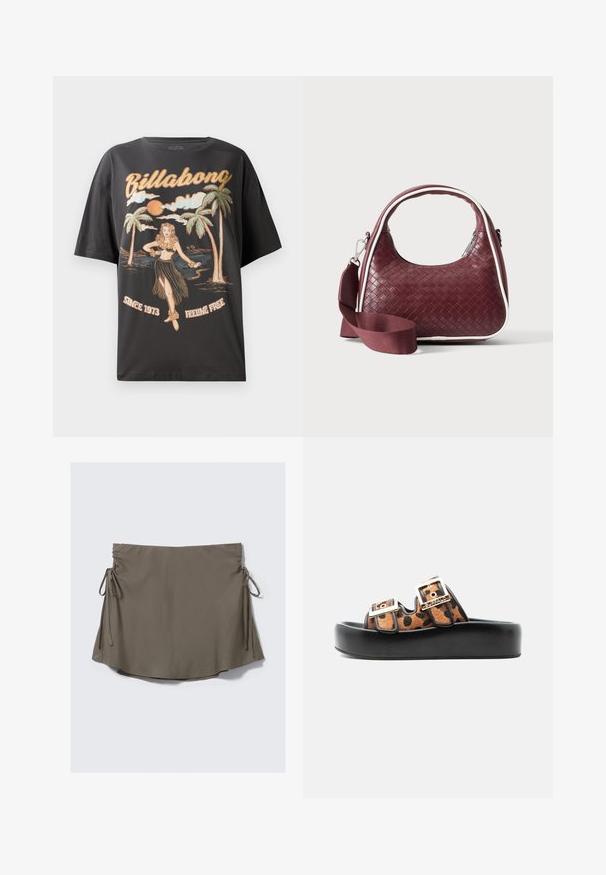 Sort bomulds t-shirt med et farverigt grafik af en hula danser, palmetræer og teksten "Billabong" i fed skrift.; Khaki slå-om-nederdel med sidelommer, lavet af glat stof. Har buet kant med samling ved taljen for justerbar pasform.; Platformsandal med sort sål, to justerbare leopardprint-remme og sølvspænder på ensfarvet baggrund.; Mørkerød vævet lædertaske med buet hank, hvid kant, sølv lynlås og aftagelig bred stofskulderrem mod en ensfarvet baggrund.