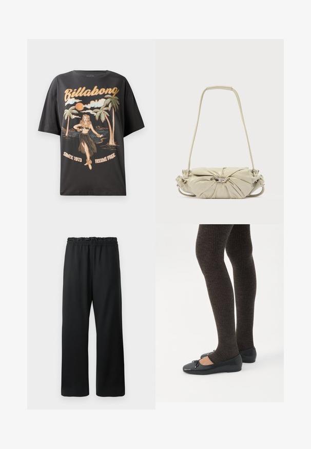 Sort bomulds t-shirt med et farverigt grafik af en hula danser, palmetræer og teksten "Billabong" i fed skrift.; Sorte bukser med bred ben-design, elastisk talje med snørrebånd og glat, letvægtsstof. Inkluderer sidelommer.; Ben iført mørke ribbede leggings kombineret med sorte balletsko med små sløjfedetaljer på hvid baggrund.; Beige skuldertaske i læder med samlet design og sølv spænde, der har en lang rem og polstret håndtag.