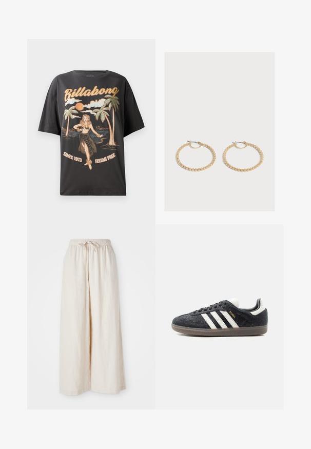 Schwarzes Baumwoll-T-Shirt mit einem farbenfrohen Grafikmotiv eines Hula-Tänzers, Palmen und dem Schriftzug "Billabong" in fetten Buchstaben.; Weite, cremefarbene Hosen mit elastischem Bund und Kordelzug. Glattes, leichtes Leinenmaterial, ohne sichtbare Muster oder Beschläge.; Schwarzer Adidas Samba Sneaker mit weißen Streifen, Gummisohle und goldfarbenem "Samba"-Schriftzug an der Seite, von links im Profil vor einfachem Hintergrund gezeigt.; Paar mittelgroße goldene Creolen mit einem strukturierten, perlenbesetzten Design auf einfachem hellem Hintergrund.