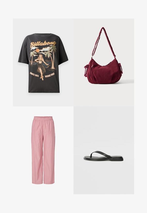 Schwarzes Baumwoll-T-Shirt mit einem farbenfrohen Grafikmotiv eines Hula-Tänzers, Palmen und dem Schriftzug "Billabong" in fetten Buchstaben.; Rosa gestreifte weit geschnittene Hose mit elastischem Bund. Hergestellt aus leichtem Stoff mit glatter Textur. Enthält subtile vertikale Streifen.; Schwarze Flip-Flops aus glattem Leder, mit einem dünnen Riemendesign und einer flachen Sohle mit minimalem Profil. Keine bemerkenswerten Muster oder Akzente.; Weiche bordeauxrote Cord-Schultertasche mit verstellbarem Riemen, Reißverschluss, seitlichen Bändern und einer vorderen Reißverschlusstasche.
