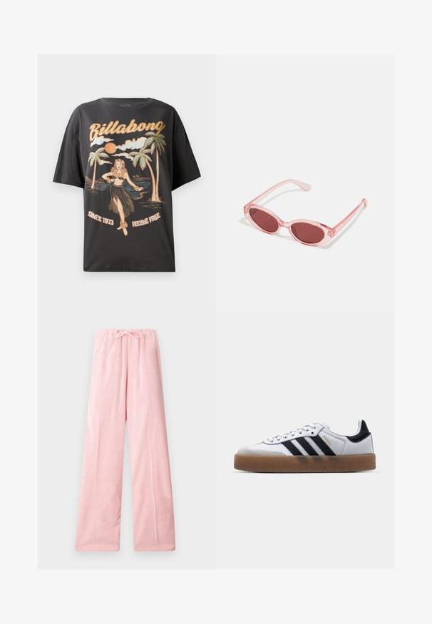Camiseta de algodón negra con un gráfico colorido de una bailarina de hula, palmeras y el texto "Billabong" en letras en negrita.; Pantalones de pierna ancha en color rosa claro, confeccionados en una tela suave, con una cinturilla elástica y cordón para un ajuste regulable y una textura sutil.; Zapatillas de cuero blancas con rayas negras, suela de goma, puntera redonda, cierre de cordones y caperuza de ante gris suave.; Gafas de sol transparentes rosas con lentes ovalados, tinte rojo oscuro y varillas delgadas, con un acabado suave y detalles sutiles en la montura.