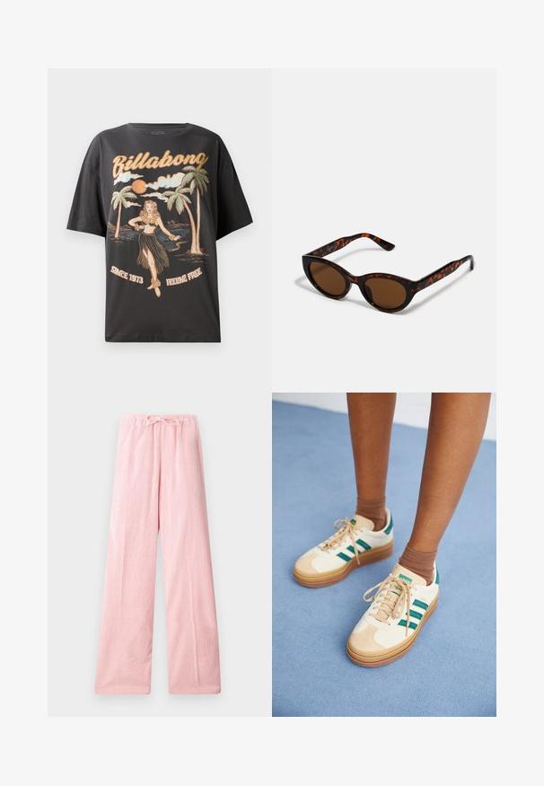 Schwarzes Baumwoll-T-Shirt mit einem farbenfrohen Grafikmotiv eines Hula-Tänzers, Palmen und dem Schriftzug "Billabong" in fetten Buchstaben.; Helle rosa weit geschnittene Hose aus weichem Material, mit einem elastischen Bund und einer Kordelzug für eine anpassbare Passform und feiner Textur.; Beige Sneakers mit dunkelgrünen Streifen, Gummisohle, Obermaterial aus Wildleder und Textil sowie neutralen Hardwareteilen, kombiniert mit braunen Socken auf einer hellblauen Oberfläche.; Braune Schildpatt-Sonnenbrille mit einer Vintage-Cat-Eye-Form und braunen Gläsern. Verfügt über gebogene Bügel mit roten Akzenten.