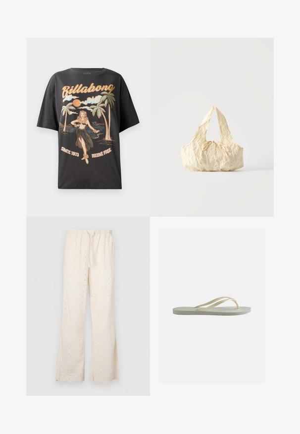 Schwarzes Baumwoll-T-Shirt mit einem farbenfrohen Grafikmotiv eines Hula-Tänzers, Palmen und dem Schriftzug "Billabong" in fetten Buchstaben.; Cremfarbene, weit geschnittene Hosen mit einem elastischen Bund, Kordelzug und Ösenverzierungen entlang des Stoffes und des Saums. Mit gewellten Kanten.; Einzelner off-white Gummi-Zehentrenner mit dünnen Riemen und strukturiertem Fußbett, von der Seite auf einem einfarbigen Hintergrund gezeigt.; Handtasche aus cremefarbenem strukturiertem Stoff mit oberen Griffen und einer kleinen gebundenen Schleife in der Mitte vorne.