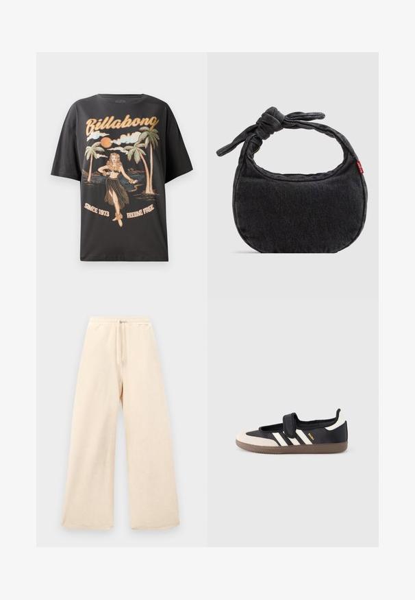 Camiseta de algodón negra con un gráfico colorido de una bailarina de hula, palmeras y el texto "Billabong" en letras en negrita.; Pantalones de pierna ancha en un beige claro, hechos de una tela texturizada. Presentan una cintura elástica con un cordón. Diseño simple y sin adornos.; Zapatilla negra y beige con una correa de velcro, tres rayas blancas en el lateral y una suela de goma marrón texturizada. Logotipo de la marca visible.; Bolso pequeño de hombro de mezclilla negra con correa anudada y cierre de cremallera, con una etiqueta de tela roja de Levi's en el lateral.