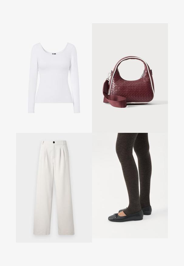 Top blanco de manga larga con escote en pico y textura acanalada, diseñado para una silueta ajustada. Sin patrones ni acentos.; Pantalones de pierna ancha beige fabricados con un tejido suave, que presentan pliegues frontales, un cierre de botón único y bolsillos laterales para mayor funcionalidad.; Piernas con leggings oscuros acanalados combinados con bailarinas negras que presentan pequeños detalles de lazo sobre un fondo blanco.; Bolso de mano de cuero tejido color granate con asa curva, ribete blanco, cremallera plateada y correa desmontable de tela ancha para el hombro sobre fondo liso.