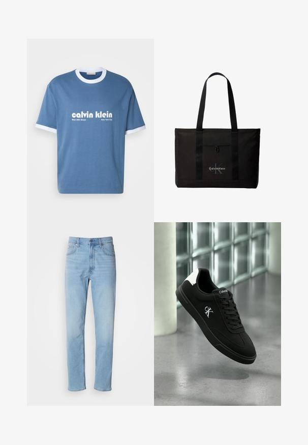 Modrá bavlnená tričko s bielym rebrovaným golierom a manžetami na rukávoch. Na prednej strane sa nachádza logo "calvin klein" a text "West 39th Street New York City".; Svetlomodré džíny z denimu so strihom rovného strihu, piatimi vreckami a pútkami na opasok. Textil má hladkú štruktúru s jemným efektom vyblednutia.; Čierna teniska Calvin Klein s bielou pätovou záložkou a logom CK na boku, plávajúca nad leštenou betónovou podlahou a stenou zo sklenených blokov v pozadí.; Čierna taška Calvin Klein typu tote s dvoma dlhými rúčkami a predným vreckom, s logom značky v bielej a sivej farbe.