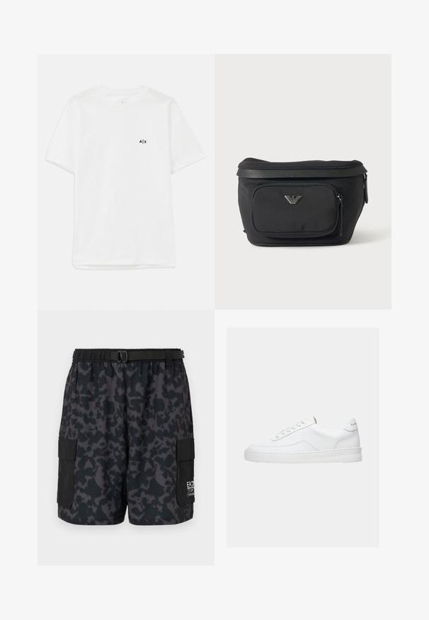 Weißes Baumwoll-T-Shirt mit kurzen Ärmeln und Rundhalsausschnitt, mit einem kleinen schwarzen Logo auf der linken Brust. Glatte Textur, schlichtes Design.; Schwarze Shorts mit einem dunklen Camouflage-Muster, elastischem Taillenbund, Seitentaschen und einem Gürtel mit Schnalle. Hergestellt aus leichtem, bequemem Material.; Weißer Sneaker mit niedrigem Schaft, Schnürdesign, glattem Lederobermaterial und dicker Sohle, von der Seite auf einfachem Hintergrund gezeigt.; Schwarze Bauchtasche mit Frontreißverschlusstasche und silbernem Adlerlogo, glattes Gewebe mit strukturiertem Besatz und Reißverschlussanhängern.