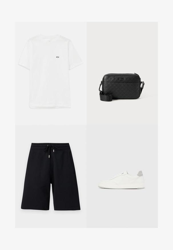 Hvid bomulds t-shirt med korte ærmer og rund halsudskæring, prydet med et lille sort logo på venstre bryst. Glat tekstur, enkel design.; Sorte knælange shorts med elastisk talje og snøre, med sidelommer og en afslappet pasform.; Hvid lavtop-sneaker med gråt hælflig, hvide snørebånd og tekstureret sål, vist på en ensfarvet lys baggrund.; Sort tekstureret crossover-taske med prægede geometriske mønstre og justerbar rem med brandlogo.