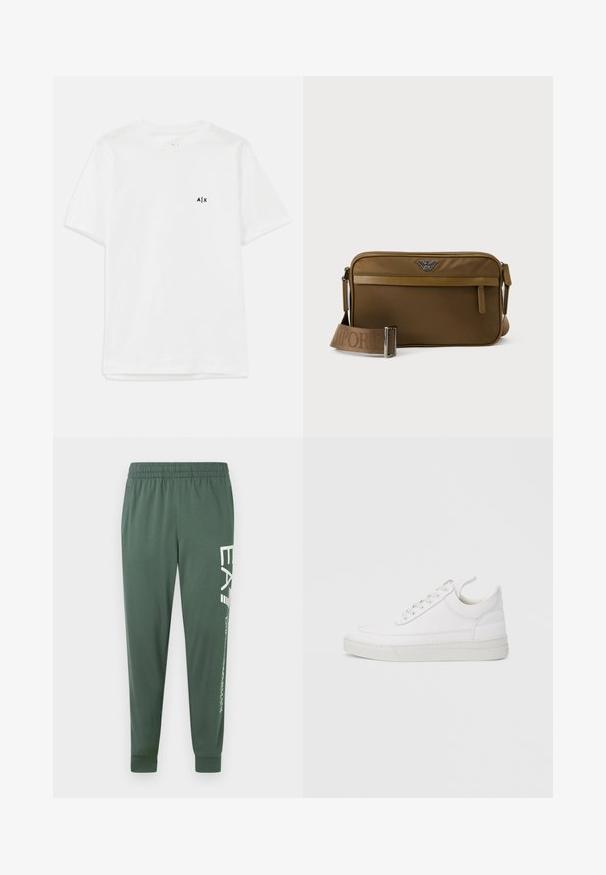 Witte katoenen t-shirt met korte mouwen en een ronde hals, met een klein zwart logo op de linkerborst. Glad textuur, eenvoudig ontwerp.; Groene sportbroek met een elastische tailleband, taps toelopende pasvorm en wit logodetail aan de linkerpijp; gladde, lichtgewicht stof.; Witte leren sneaker met een afgeronde neus, platte zool en veters aan de voorkant. Voorzien van stikseldetails en een gevoerde kraag voor comfort.; Bruine rechthoekige crossbodytas met voorvak met rits, verstelbare band met gegraveerde merknaam en metalen logo in het midden aan de bovenkant.