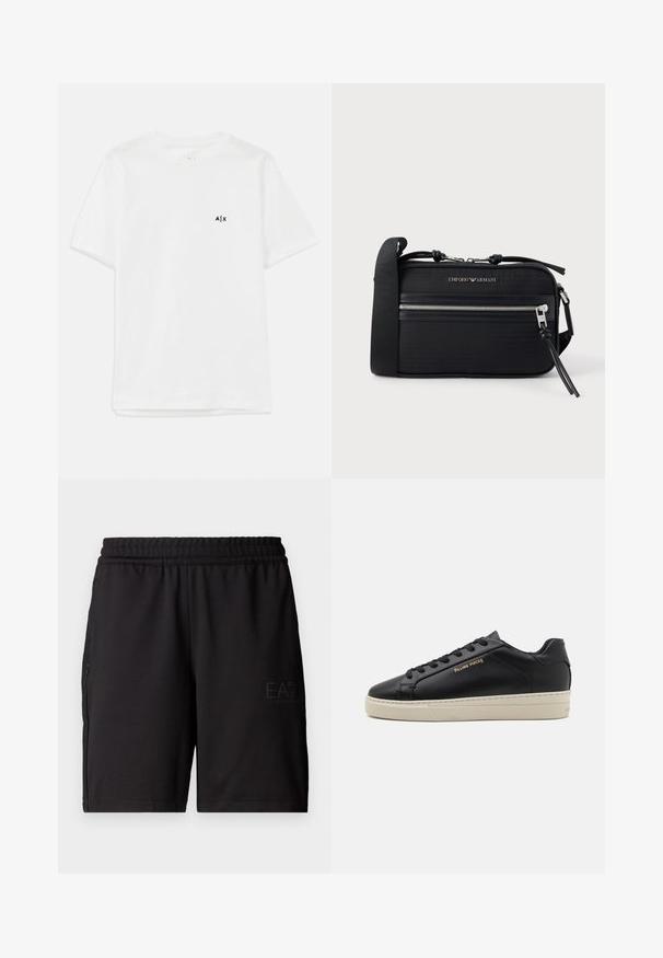 Camiseta de algodón blanca con mangas cortas y cuello redondo, con un pequeño logo negro en el lado izquierdo del pecho. Textura suave, diseño básico.; Pantalones cortos deportivos negros hechos de un tejido ligero, con una cinturilla elástica y paneles laterales de malla. Logo de la marca impreso en la parte delantera.; Zapatilla de cuero negra con un acabado suave, suela crema en contraste, puntera redonda, logo dorado en el lateral y seis ojales para los cordones.; Bolso bandolera de nylon negro con herrajes plateados, cremallera superior, bolsillo delantero y logotipo en relieve. Correa ajustable incluida.