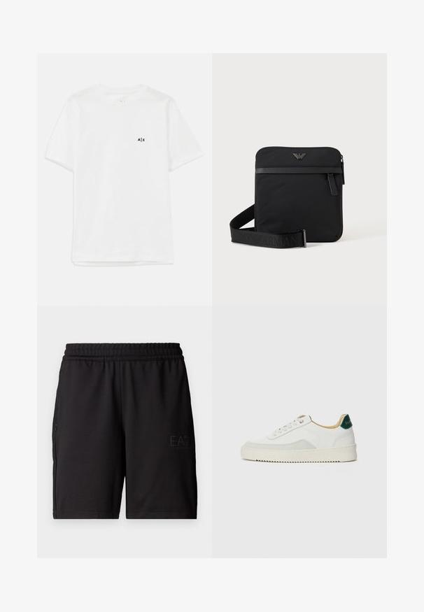 Camiseta de algodón blanca con mangas cortas y cuello redondo, con un pequeño logo negro en el lado izquierdo del pecho. Textura suave, diseño básico.; Pantalones cortos deportivos negros hechos de un tejido ligero, con una cinturilla elástica y paneles laterales de malla. Logo de la marca impreso en la parte delantera.; Zapatilla blanca con acentos de ante, puntera redondeada, cordones planos y suela de goma color crema. Presenta un logo verde en el talón.; Bolso de hombro negro cuadrado con cierre de cremallera, bolsillo delantero y correa ajustable con nombre de marca en relieve.