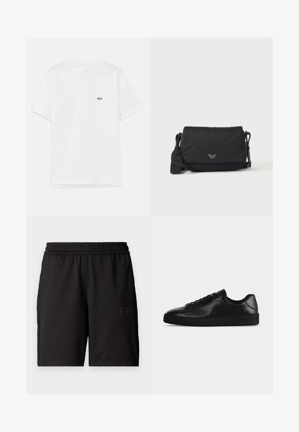Witte katoenen t-shirt met korte mouwen en een ronde hals, met een klein zwart logo op de linkerborst. Glad textuur, eenvoudig ontwerp.; Zwarte sportshorts van lichtgewicht stof, met een elastische tailleband en zijpanelen van mesh. Merklogo gedrukt op de voorkant.; Zwart leren sneaker met lage schacht, veters aan de voorkant en een getextureerde platte zool, zijaanzicht op een neutrale achtergrond.; Zwarte crossbodytas met verstelbare band en klein zilverkleurig logo-embleem op de voorflap, afgebeeld op een effen lichte achtergrond.