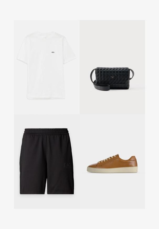 Weißes Baumwoll-T-Shirt mit kurzen Ärmeln und Rundhalsausschnitt, mit einem kleinen schwarzen Logo auf der linken Brust. Glatte Textur, schlichtes Design.; Schwarze Sportshorts aus leichtem Material, mit elastischem Bund und seitlichen Netzpaneelen. Markenlogo auf der Vorderseite gedruckt.; Brauner Low-Top-Ledersneaker mit cremefarbenen Schnürsenkeln und dicker cremefarbener Gummisohle, seitlich auf weißem Hintergrund dargestellt.; Schwarze, strukturierte Umhängetasche mit Klappverschluss und kleinem Metalllogo auf der Vorderseite, vor einem schlichten Hintergrund präsentiert.