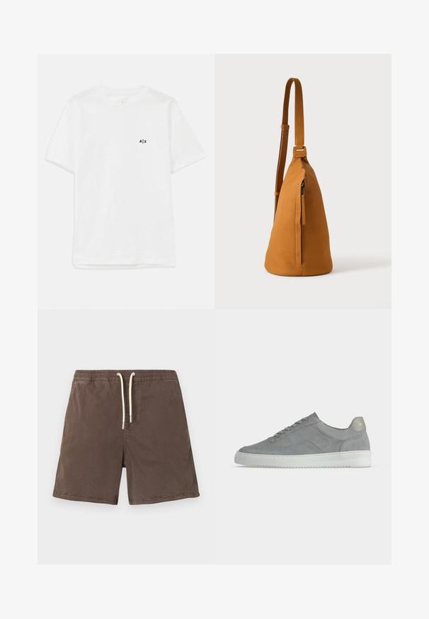 Camiseta de algodón blanca con mangas cortas y cuello redondo, con un pequeño logo negro en el lado izquierdo del pecho. Textura suave, diseño básico.; Pantalones cortos casuales marrones con cintura elástica y cordón blanco, bolsillos delanteros y costuras visibles sobre un fondo blanco.; Zapatilla baja de ante gris con lados perforados, cierre de cordones y suela de goma blanca sobre un fondo liso.; Bolso bandolera de piel color canela con correa ajustable y bolsillo vertical con cremallera, mostrado de lado sobre un fondo claro y liso.