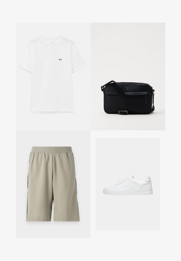 Camiseta de algodón blanca con mangas cortas y cuello redondo, con un pequeño logo negro en el lado izquierdo del pecho. Textura suave, diseño básico.; Pantalones cortos de color gris claro, hasta la rodilla, fabricados con un tejido suave, con una franja negra a lo largo de cada lado y una cinturilla elástica para mayor comodidad.; Zapatilla deportiva blanca de corte bajo con diseño con cordones, parte superior de cuero liso y suela gruesa, vista de lado sobre un fondo liso.; Bolso de hombro negro de nailon con una correa de contraste, forma rectangular elegante, detalle del logo y un bolsillo con cremallera en la parte frontal.
