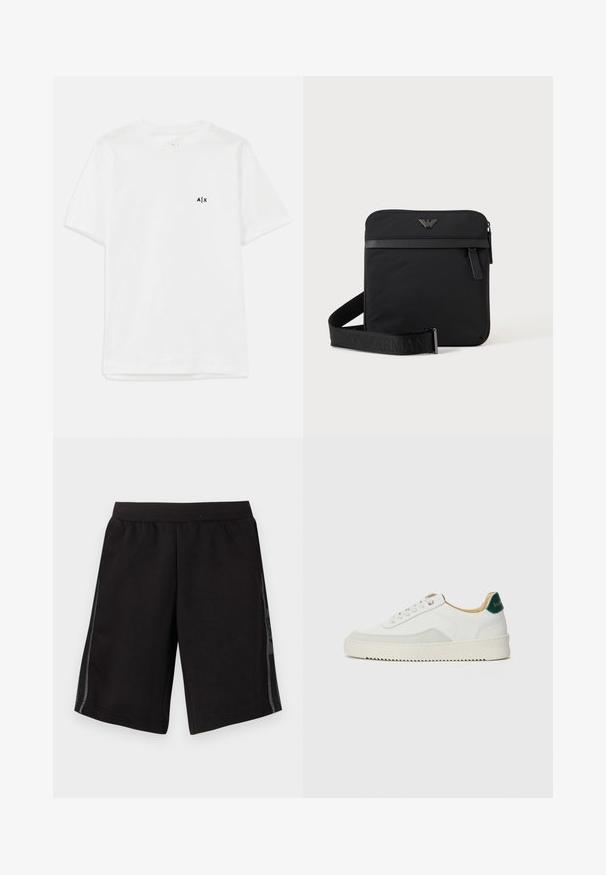 Camiseta de algodón blanca con mangas cortas y cuello redondo, con un pequeño logo negro en el lado izquierdo del pecho. Textura suave, diseño básico.; Pantalones cortos deportivos negros con cinturilla elástica, con paneles de malla lateral y un logo en la pierna izquierda. Textura de tela suave.; Zapatilla blanca con acentos de ante, puntera redondeada, cordones planos y suela de goma color crema. Presenta un logo verde en el talón.; Bolso de hombro negro cuadrado con cierre de cremallera, bolsillo delantero y correa ajustable con nombre de marca en relieve.