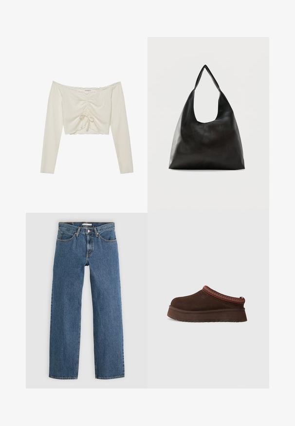 Top court à épaules dénudées en tissu crème côtelé, comportant un détail à cordon à l'avant et des manches longues avec des bords festonnés.; Jean en denim bleu avec une coupe droite, comportant cinq poches, une fermeture à bouton et des coutures contrastées le long des coutures.; Chaussure en suède marron à enfiler avec une semelle en caoutchouc texturé, dotée d'un bord en tricot rouge et à motifs autour du col.; Sac bandoulière en cuir noir lisse avec une large sangle unique et un design décontracté et minimaliste sur un fond uni.