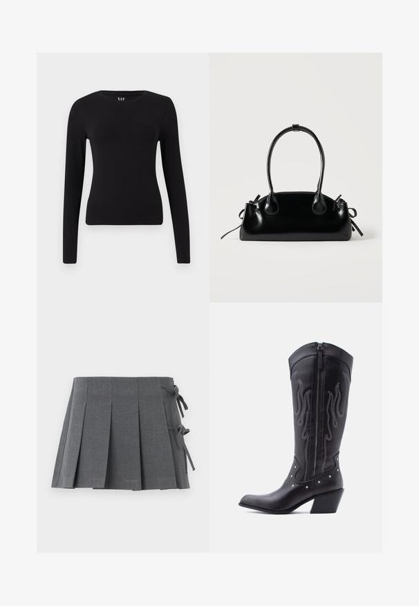 T-shirt ajusté à manches longues noir avec col rond et ourlet straight, présenté sur un fond blanc.; Jupe mini plissée grise en tissu texturé, avec une fermeture à nouer sur un côté et une ceinture lisse pour plus de confort.; Bottes de cow-boy en cuir noir avec bout pointu, coutures apparentes, ornements à clous argentés et fermeture éclair sur le côté intérieur.; Petit sac à main noir brillant avec deux longues anses et des détails à cordon sur les côtés sur un fond clair uni.