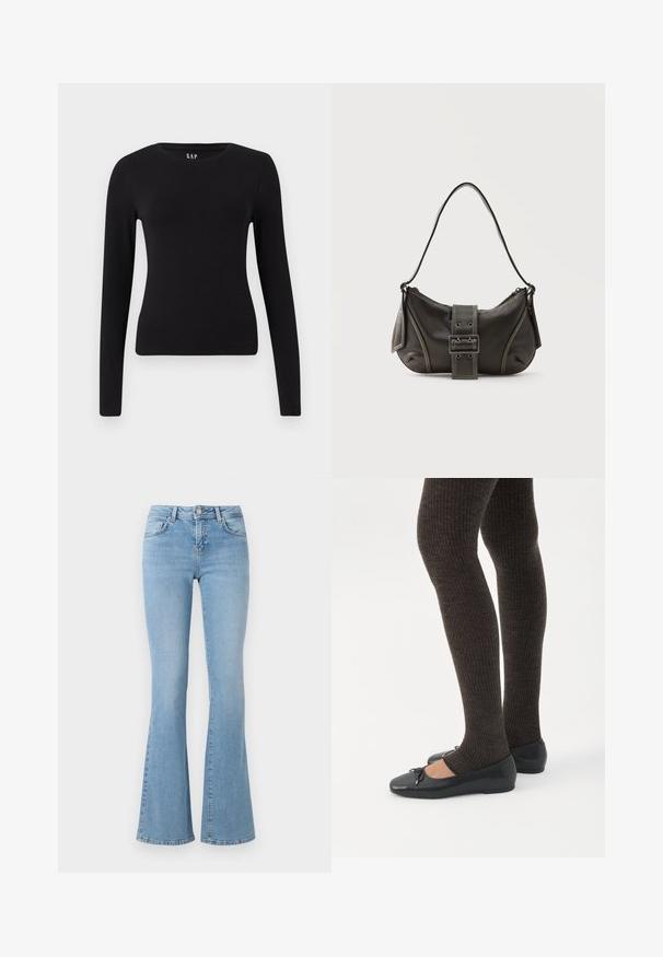 Sort langærmet tætsiddende t-shirt med rund hals og lige kant, vist på en hvid baggrund.; Lysblå løse jeans med høj talje, lavet af denim. Har fem lommer og en knaplukning. Glat tekstur med let falmning.; Ben iført mørke ribbede leggings kombineret med sorte balletsko med små sløjfedetaljer på hvid baggrund.; Sort læder skuldertaske med spænde på remmen, afrundede kanter og kontrasterende hvide syninger på en ensfarvet baggrund.