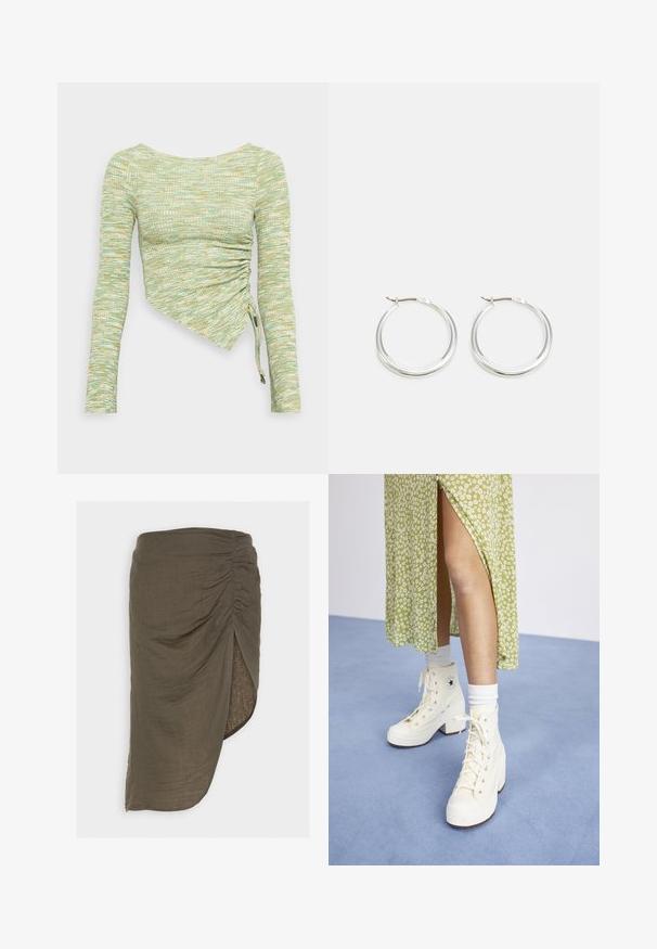 Haut à manches longues en tissu texturé vert menthe et jaune, avec une coupe asymétrique, des fronces sur le côté et des liens au niveau de l'ourlet.; Pieces PCSTINA HIGH SLIT SKIRT - Jupe crayon - kalamata; Des baskets montantes blanches avec plateforme, lacets et œillets argentés, associées à des chaussettes blanches mi-mollet, sur un sol bleu clair.; Les boucles d'oreilles en argent en forme de créole présentent un design lisse et arrondi avec un profil fin et un fermoir sécurisé. Style minimaliste avec une finition polie.