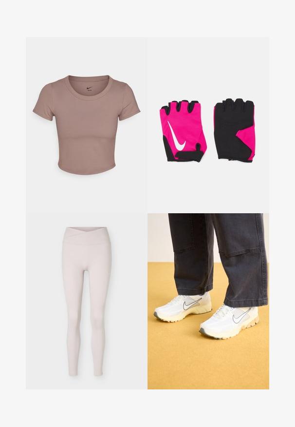 Bruine cropped t-shirt gemaakt van soepele stof, met een ronde halslijn en korte mouwen. Nike-logo gedrukt aan de binnenkant van de kraag.; Lichtbeige naadloze leggings met hoge taille en een overslagceintuur detail, plat liggend afgebeeld tegen een witte achtergrond.; Witte sportschoenen van mesh en synthetische materialen, met een grijs logo, een gestructureerde zool en beige accenten, gedragen met donkere broeken.; Korte roze handschoenen met zwarte accenten, voorzien van een wit Nike-logo, gewatteerde palmen en een vingerloos ontwerp voor verbeterde grip en flexibiliteit.