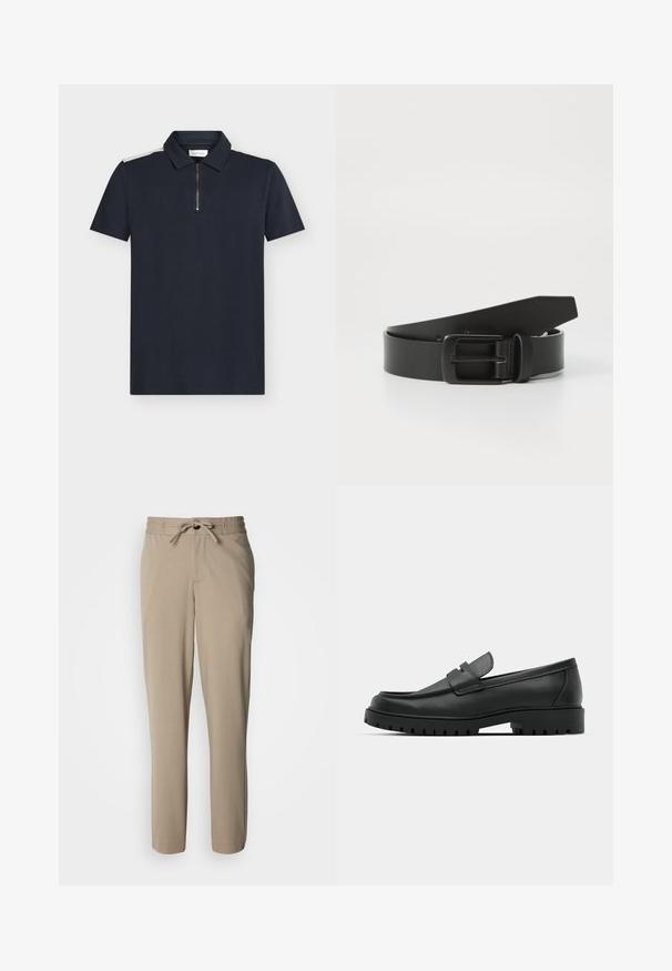 Marineblauw poloshirt met korte mouwen, textuurstof, ritssluiting bij de kraag en contrasterende witte accenten op de schouders.; Beige broek gemaakt van een zachte stof, met een trekkoorden taille en een ontspannen pasvorm, rechte pijpen en zonder zichtbare zakken.; Zwarte leren instappers met een ronde neus, voorzien van een gestikt ontwerp, een lage platformzool en een gestructureerde, grof rubberen buitenzool.; Zwarte leren riem met een matte zwarte metalen gesp, met een gladde textuur en eenvoudig ontwerp. Verstelbare lengte met een taps toelopend uiteinde.