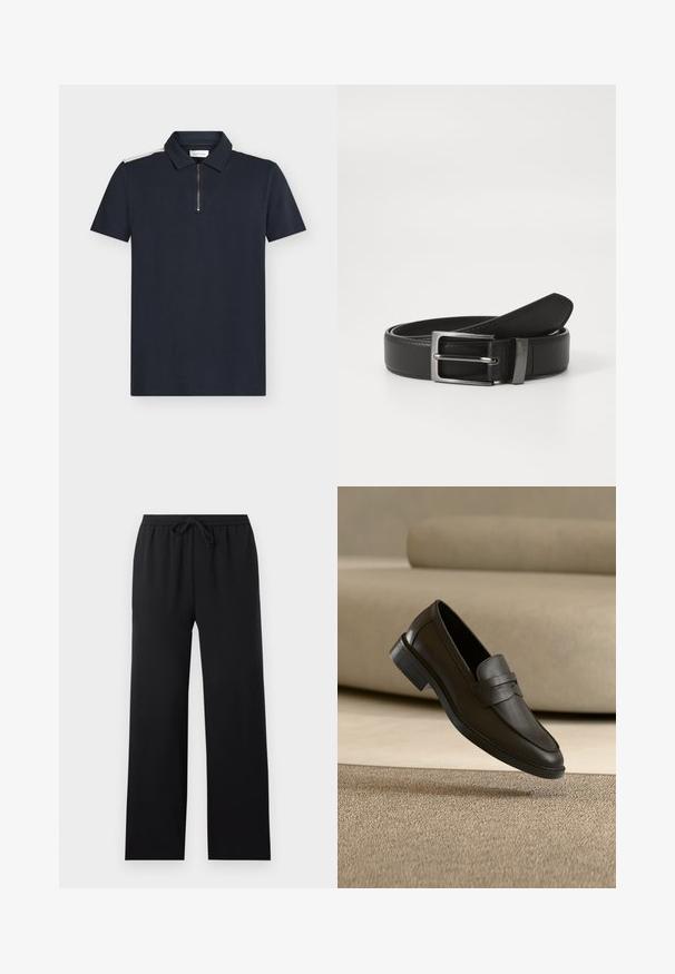 Marineblaues Poloshirt mit kurzen Ärmeln, strukturierter Stoff, Reißverschluss am Kragen und kontrastierenden weißen Akzenten auf den Schultern.; Schwarze locker sitzende Hose mit elastischem Bund und vorderem Kordelzug, gerade Beine, schlichtes Design, auf neutralem Hintergrund dargestellt.; Schwarzer Lederloafer, der auf einem beigen Teppich liegt, mit einem gebogenen beigen Sofa im Hintergrund.; Schwarzer Ledergürtel mit einer silbernen Metallschnalle, der eine glatte Oberfläche und ein klassisches Design aufweist. Der Gürtel ist ordentlich gefaltet.