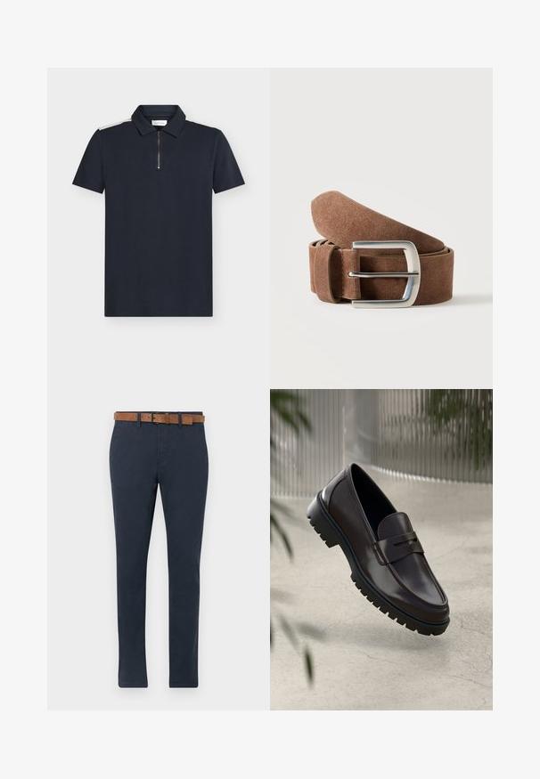 Polo bleu marine à manches courtes, tissu texturé, col zippé et détails contrastants blancs sur les épaules.; Chinos bleu foncé en coton avec une texture lisse. Présentent une ceinture en suède marron avec une boucle et un design à jambe droite.; Mocassins en cuir marron avec une semelle en caoutchouc texturée et striée. Présente un design épuré et une sangle décorative sur le cou-de-pied.; Ceinture en daim marron roulée avec une boucle rectangulaire en métal argenté sur un fond clair uni.