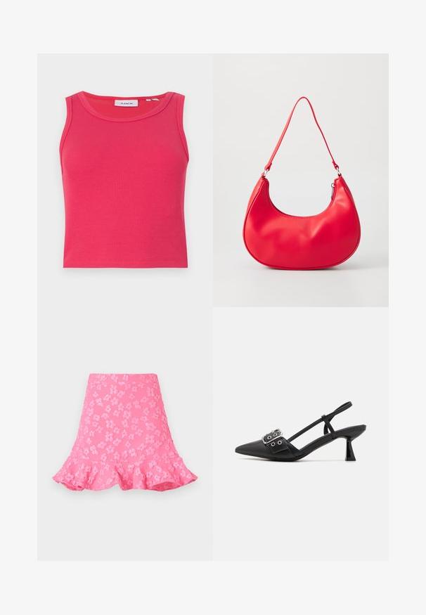 Top sin mangas de canalé ajustado en un brillante color rosa, con escote redondo. Presenta una etiqueta con texto azul en el interior del cuello.; Falda rosa de corte acampanado que presenta patrones florales en relieve, un dobladillo con volantes y una textura suave. Longitud por encima de la rodilla con una cinturilla ajustada.; Simmi London DALA - Tacones - black; Bolso de hombro de piel sintética roja con forma curvada, correa delgada y cierre de cremallera. Textura suave con detalles de costura visibles.
