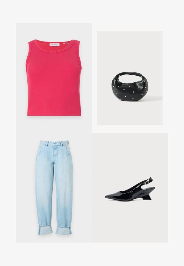 Strak ribbel tanktop in felroze met een ronde halslijn en zonder mouwen. Bevat een label met blauwe tekst binnen de hals.; Lichtblauwe denim jeans met een hoge taille, gevlochten taillebanddetail, losse pasvorm en opgerolde manchetten aan de zoom. Voorzien van steekzakken.; Zwarte lakleren slingback schoen met spitse neus en lage schuine blokhak op een effen lichte achtergrond.; Zwarte leren handtas met een afgeronde vorm, versierd met zilveren studs, en een korte handgreep. Gladde textuur en ritsluiting.