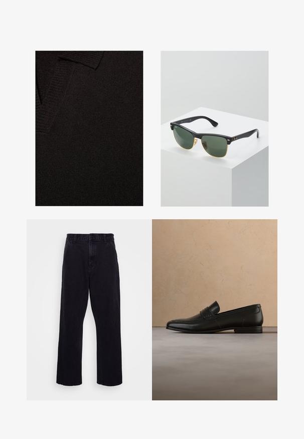 Tissu en maille noire avec poignets côtelés et détail de col en V visible en haut à gauche.; Pantalons en denim noir avec une coupe droite, dotés d'une fermeture à bouton et à zip, de passants de ceinture et de coutures minimales.; Mocassin en cuir noir présenté en lévitation au-dessus d'un tapis beige avec un canapé beige en arrière-plan.; Lunettes de soleil Ray-Ban avec des verres verts, monture en plastique noir et accents dorés sur les bords. Forme carrée avec une finition mate.