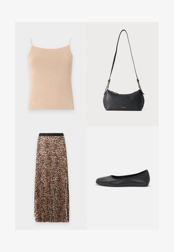Camisole en tricot beige avec des bretelles fines, présentant une coupe ajustée et un tissu texturé, idéale pour le superposition ou un usage décontracté.; Jupe longue plissée beige à imprimé léopard noir. Elle présente une ceinture noire, une texture douce et une coupe fluide.; Ballerines en cuir noir avec un bout rond, texture lisse, détails de couture minimalistes et design de semelle flexible.; Petit sac à épaule en cuir noir avec sangle réglable et fermeture éclair dorée, avec un texte de marque doré discret sur le devant.