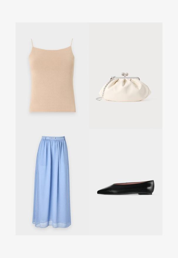 Camisole en tricot beige avec des bretelles fines, présentant une coupe ajustée et un tissu texturé, idéale pour le superposition ou un usage décontracté.; Jupe maxi bleu clair en tissu transparent avec taille froncée, présentant des détails en boutons argentés et un motif subtil de petits points blancs.; Chaussure plate en cuir noir pour femme, avec bout pointu et petit talon, vue de côté sur un fond gris clair uni.; Pochette en tissu crème avec un design froncé, cadre en métal argenté, deux boules décoratives, et une bandoulière chaîne argentée.