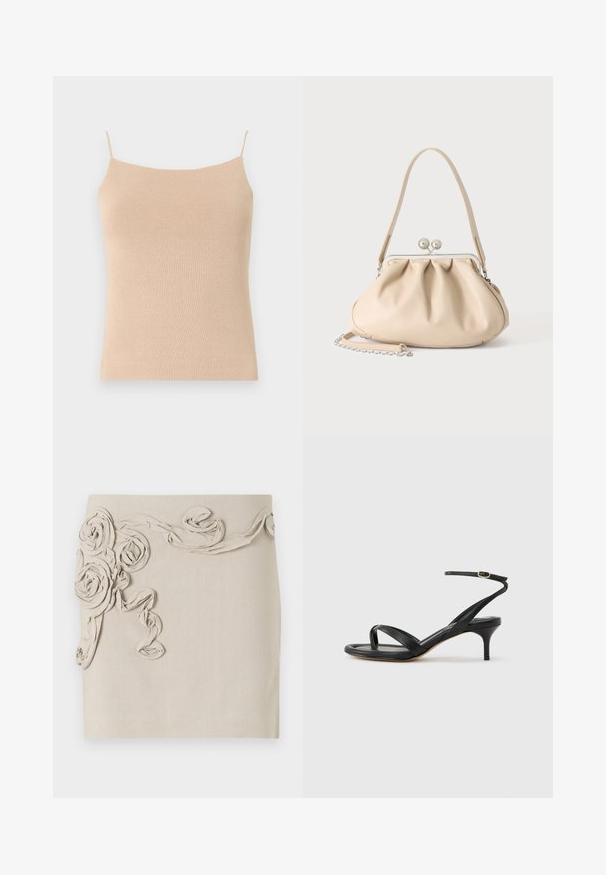 Beige knitted camisole with thin straps, featuring a fitted design and textured fabric, ideal for layering or casual wear.; Beige linen skirt featuring textured, fabric rosette appliqués and winding ribbon detailing for a dimensional look. Smooth finish.; Black leather women's sandal with thin straps, a toe loop, ankle buckle, and a mid-height stiletto heel on a neutral background.; Beige soft leather handbag with a silver metal frame clasp, single shoulder strap, and an optional chain strap on a white background.