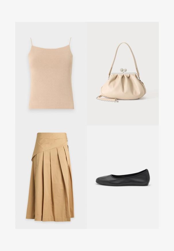 Beige pletená tielko s tenkými ramienkami, so priliehavým strihom a textúrovanou tkaninou, ideálne na vrstvenie alebo každodenné nosenie.; Béžová midi sukňa so širokými záhybmi a vrstveným detailom v páse na svetlom jednofarebnom pozadí.; Čierne kožené baleríny s okrúhlou špičkou, hladkým povrchom, minimálnym prešívaním a flexibilným dizajnom podrážky.; Béžová mäkká kožená kabelka so striebornou kovovou rámovou sponou, jedným ramenným remienkom a voliteľným retiazkovým remienkom na bielom pozadí.