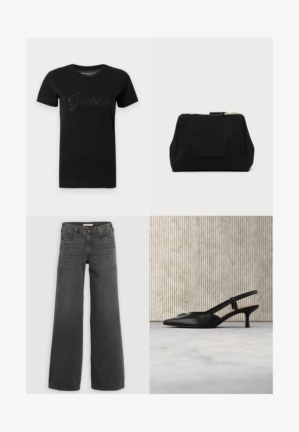 T-shirt noir en coton avec un col rond, des manches courtes et un logo "Guess" en sequins texturés sur la poitrine.; Jeans en denim à jambes larges de couleur gris foncé, dotés d'une taille structurée avec passants pour ceinture, d'un design à cinq poches et d'un léger effet délavé sur le tissu.; Chaussure noire à talon kitten slingback avec bout pointu et détail de logo en métal, flottant près d'une surface réfléchissante et d'un porte-documents métallique avec des papiers.; Pochette rectangulaire noire texturée avec fermeture éclair et petite étiquette en tissu centrée sur le devant.