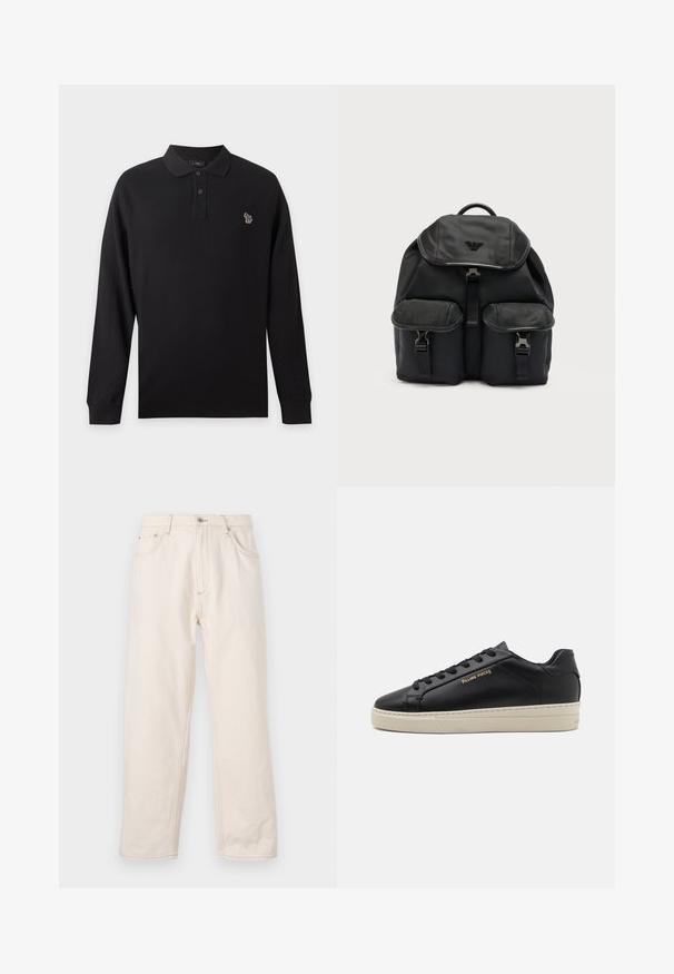 Polo noir à manches longues avec deux boutons et un petit logo zèbre multicolore brodé sur le côté gauche de la poitrine.; Jean droit beige en denim, avec une fermeture à boutons, cinq poches et des détails de couture visibles. Texture lisse.; Sneaker en cuir noir avec une finition lisse, semelle crème contrastante, bout arrondi, logo doré sur le côté et six œillets pour les lacets.; Sac à dos en tissu noir avec rabat supérieur, deux poches avant à boucle et un emblème de logo sur le rabat, sur un fond clair uni.